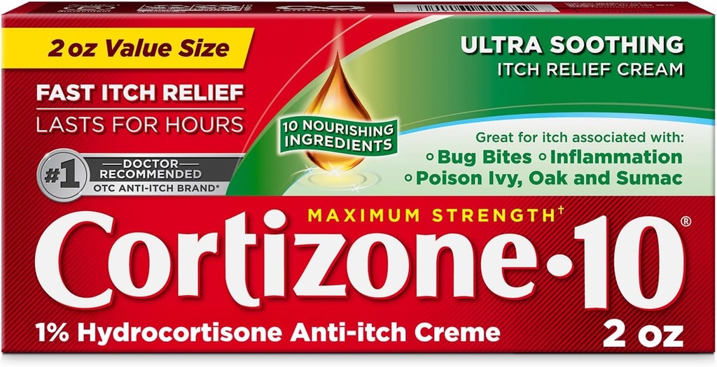 Cortizone-10 Résistance maximale Crème de soulagement ultra apaisante pour les démangeaisons, 1% hydrocortisone, crème anti-démangeaison à action rapide pour les morses de bogues, Rash, Eczema, Psoriasis, Poison Ivy, Chêne, Sumac et plus, 2 oz