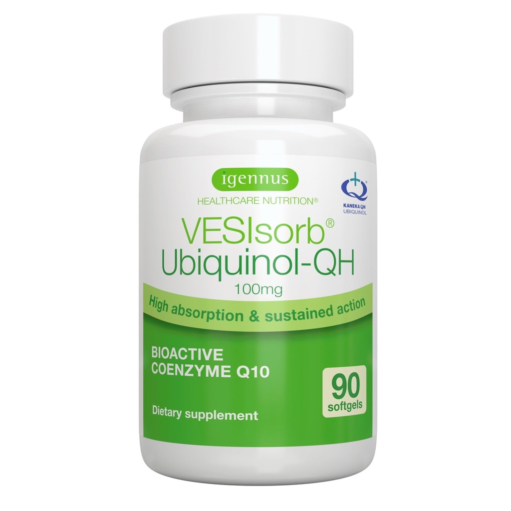 Igennus Advanced VESIsorb Ubiquinol 100mg 90 Softgels, 600% Biodisponibilité, Supplément Coenzyme à effet rapide eau-soluble Q10 pour l'énergie et le cœur, 3-Mois
