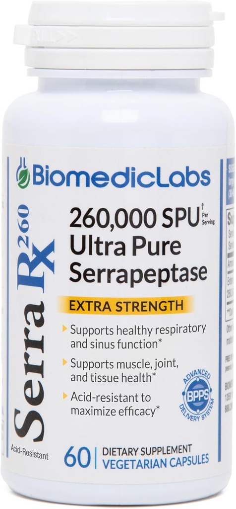 Serra-RX 260 000 SU Serrapeptase -Enzyme protéolytique systémique résistant aux acides, non-OGM, sans gluten, végétalien, soutient le sinus, la santé immunitaire et pulmonaire, 60 gélules