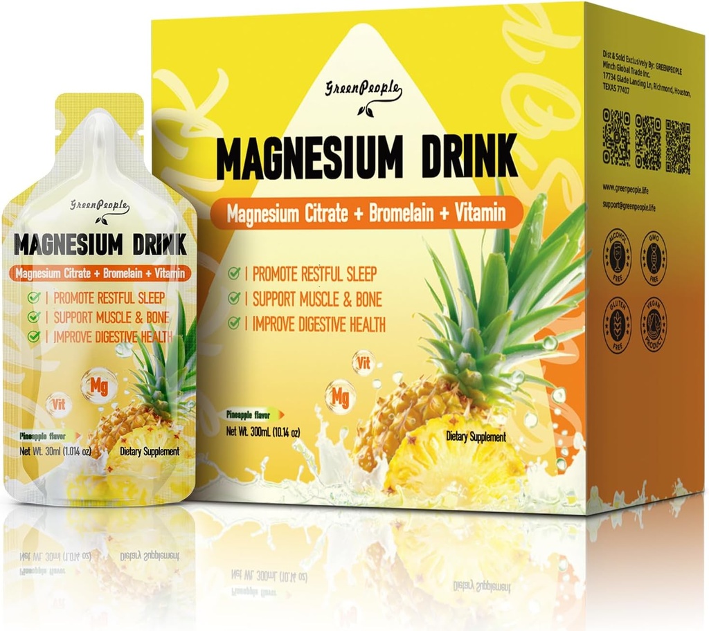GREENPEOPLE 7-en-1 Citrate de magnésium liquide, supplément de citrate de magnésium Boissons avec 280mg Magnésium, zinc, bromelain, vitamine C D3 B6, Muscle et soutien du sommeil pour les enfants et les adultes, 1 fl.Oz (10Pcs)