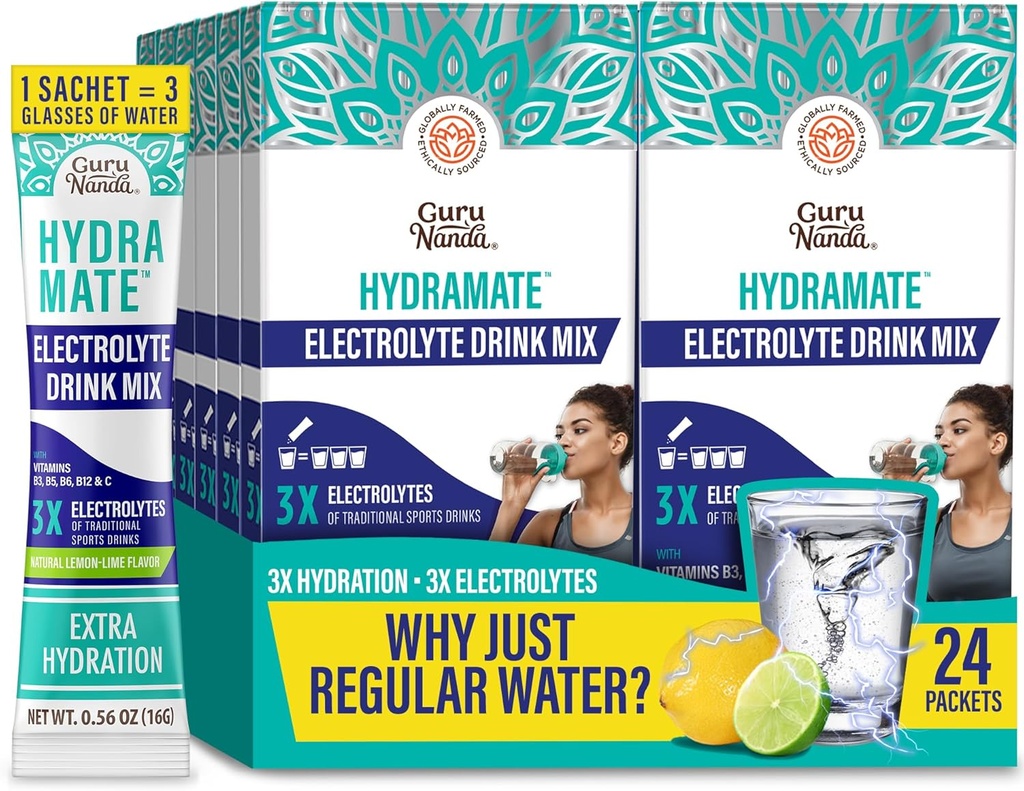 GuruNanda Hydramate Mélange de boisson de soutien d'hydratation - Paquets de poudre d'électrolyte pour déshydratation, exercice et énergie - Pas d'édulcorants ajoutés, non-OGM, Lime Lime naturel - 24 Comte (0.56 oz Chacun)