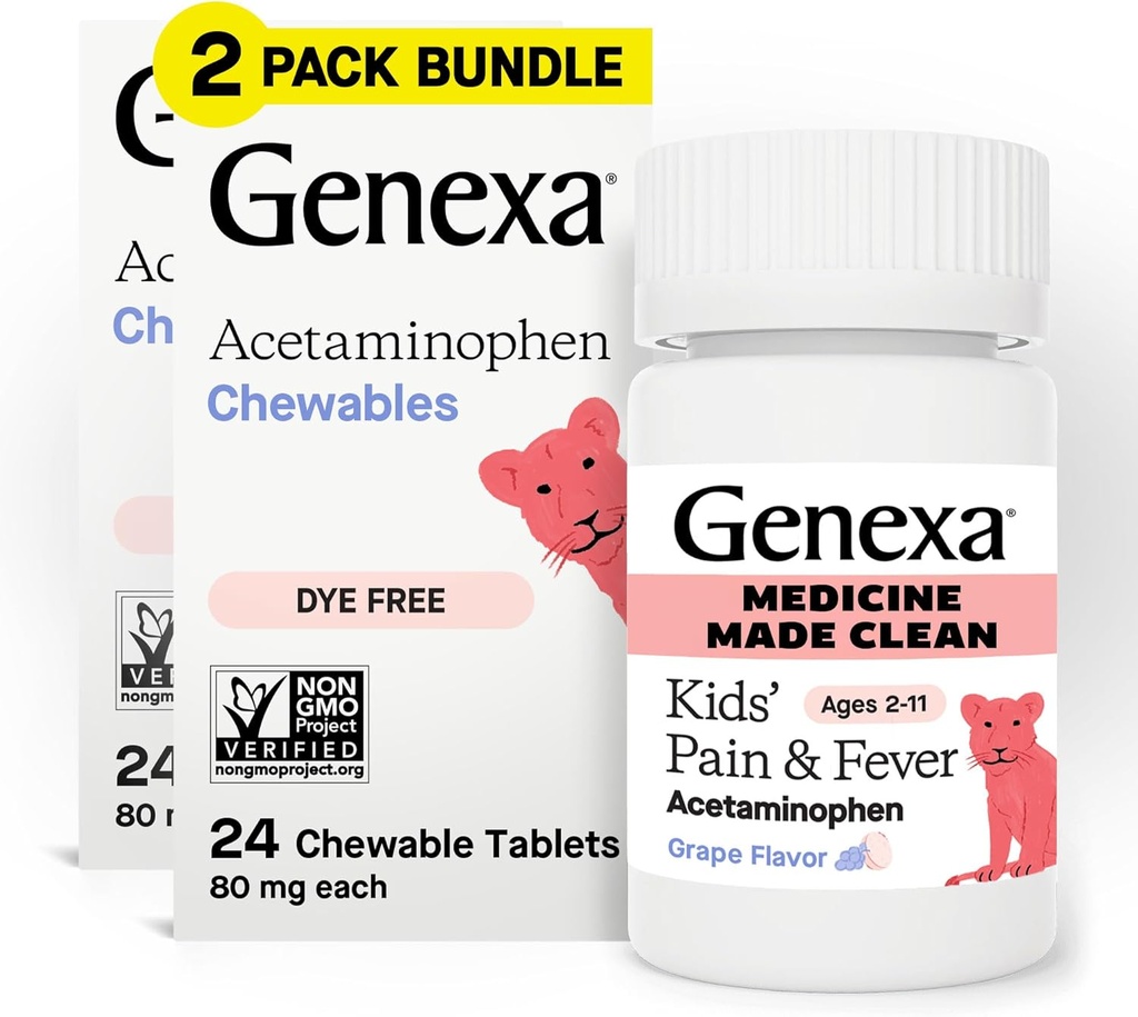 Genexa Kids.com Douleur propre et fièvre Acétaminophène à croquer, Sans colorant, 0% Additifs artificiels, Arôme de raisin délicieux, Médicaments à croquer pour enfants 2-11, 80 mg par comprimé, 48ct (2 Pack)