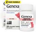 Genexa Kids’ Clean Pain & Fever Acetaminophen Chewables, Dye Free, 0% Artificial Additives, Delicious Grape Flavor, Chewable Medicine for Children 2-11, 80 mg per Tablet, 48ct (2 Pack)