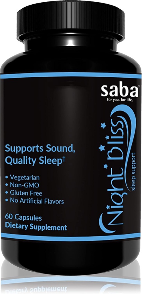 Saba Night Bliss aide naturelle au sommeil , non-Habit formant , Supplément de sommeil pour le sommeil plus long et le stress soulagement w/Magnésium, Mélatonine, GABA, Camomile, et Valérien (60 capsules végétaliennes, 30 jours d'approvisionnement)