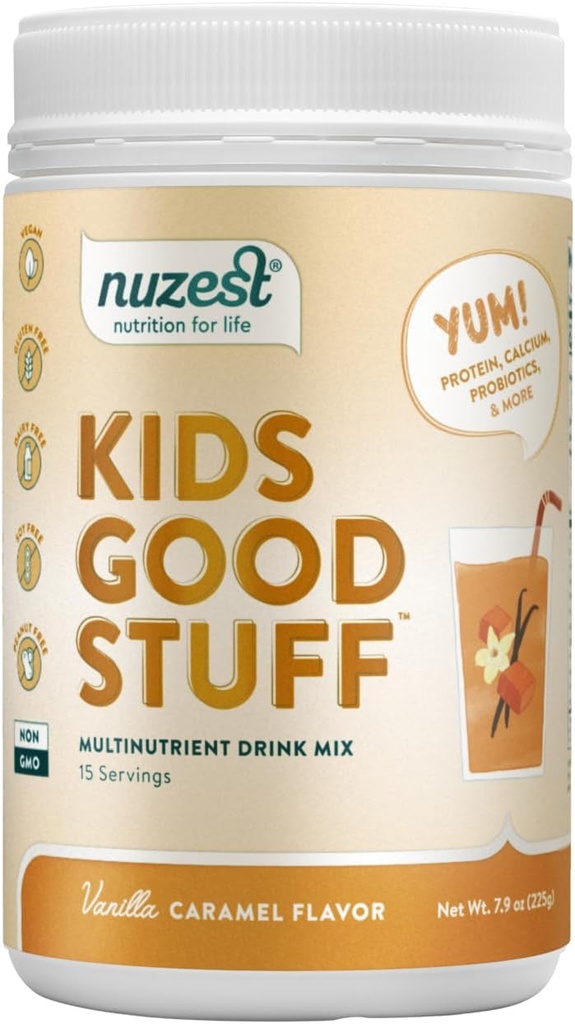 Nuzest - Kids Good Stuff - Vegan Smoothie Mix - Vanilla Caramel - Multivitamin Nutritional Supplement Protein Shake - Dairy Free - Supporting Growth and Development - 225g/ 7.9 oz (15 Servings)