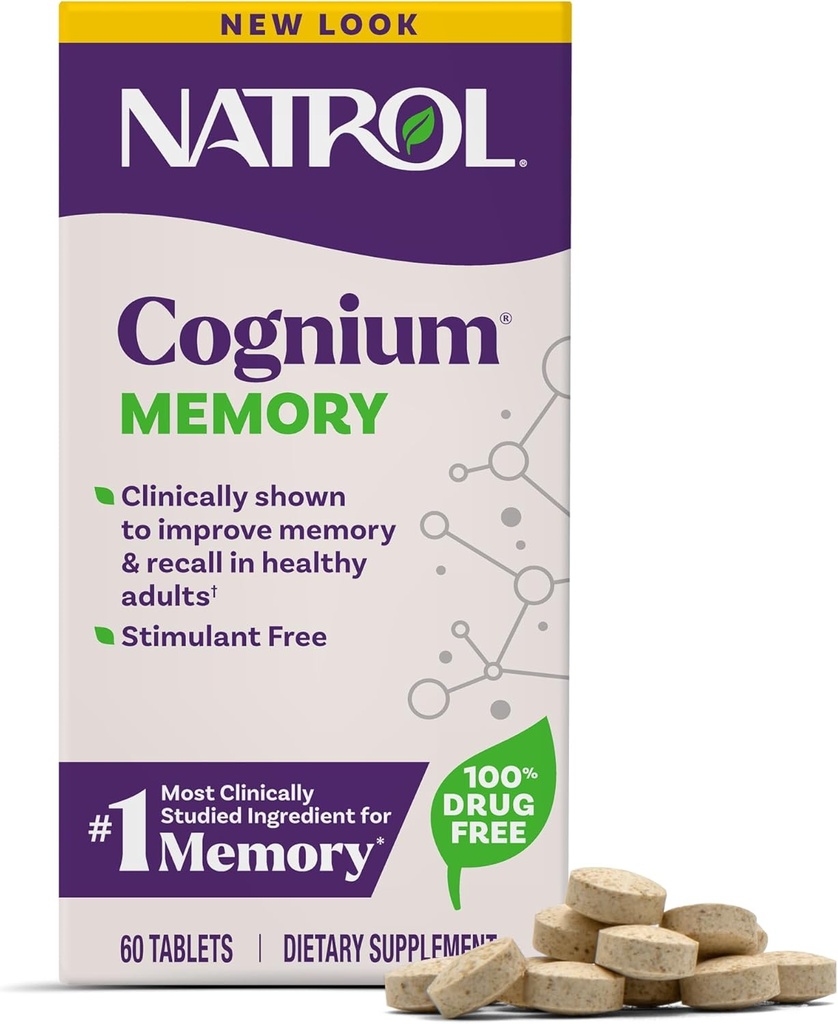 Natrol Mémoire Cognium, Suppléments de santé cérébrale pour adultes, Supplément alimentaire pour la santé cérébrale et cliniquement démontré pour améliorer la mémoire et le rappel chez les adultes en santé, 60 comprimés, jusqu'à 30 jours d'approvisionnement