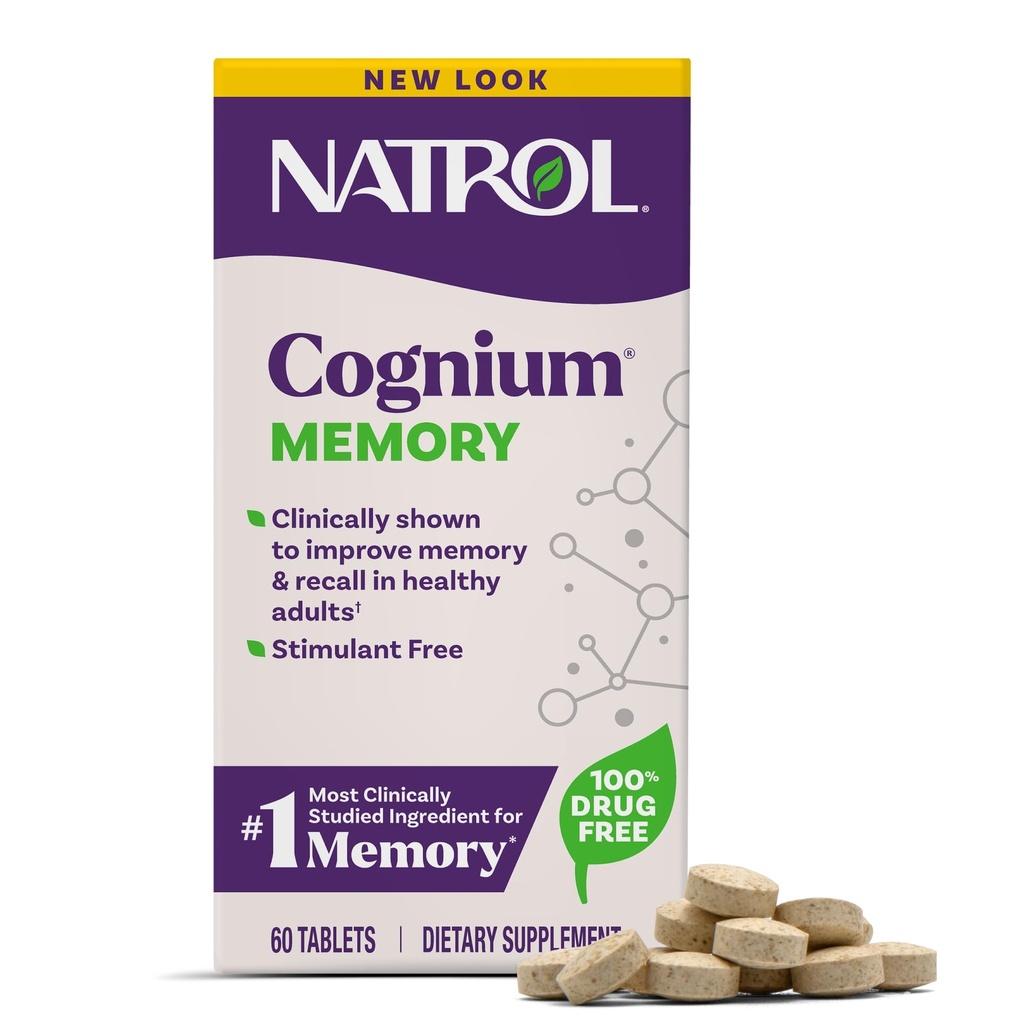 Natrol Mémoire Cognium, Suppléments de santé cérébrale pour adultes, Supplément alimentaire pour la santé cérébrale et cliniquement démontré pour améliorer la mémoire et le rappel chez les adultes en santé, 60 comprimés, jusqu'à 30 jours d'approvisionnement