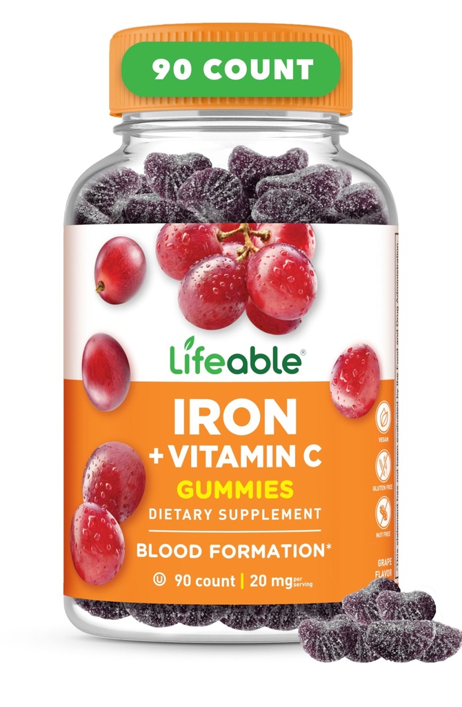 Gommies de fer vivables $ 20mg $ avec vitamine C $ Grande dégustation Blood Builder supplément de fer $ Fer avec vitamine C pour carence en fer $ Gommies de fer pour les femmes, les hommes, les adultes $ 90 Gommies