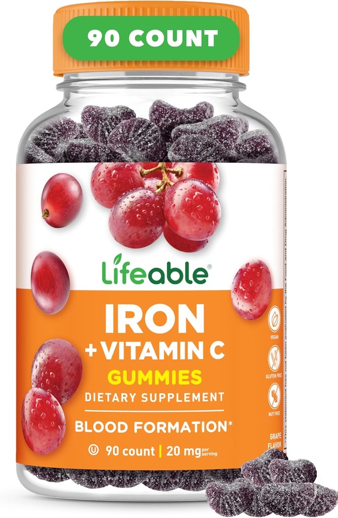 Lifeable Iron Gummies | 20mg | with Vitamin C | Great Tasting Blood Builder Iron Supplement | Iron with Vitamin C for Iron Deficiency | Iron Gummies for Women, Men, Adults | 90 Gummies
