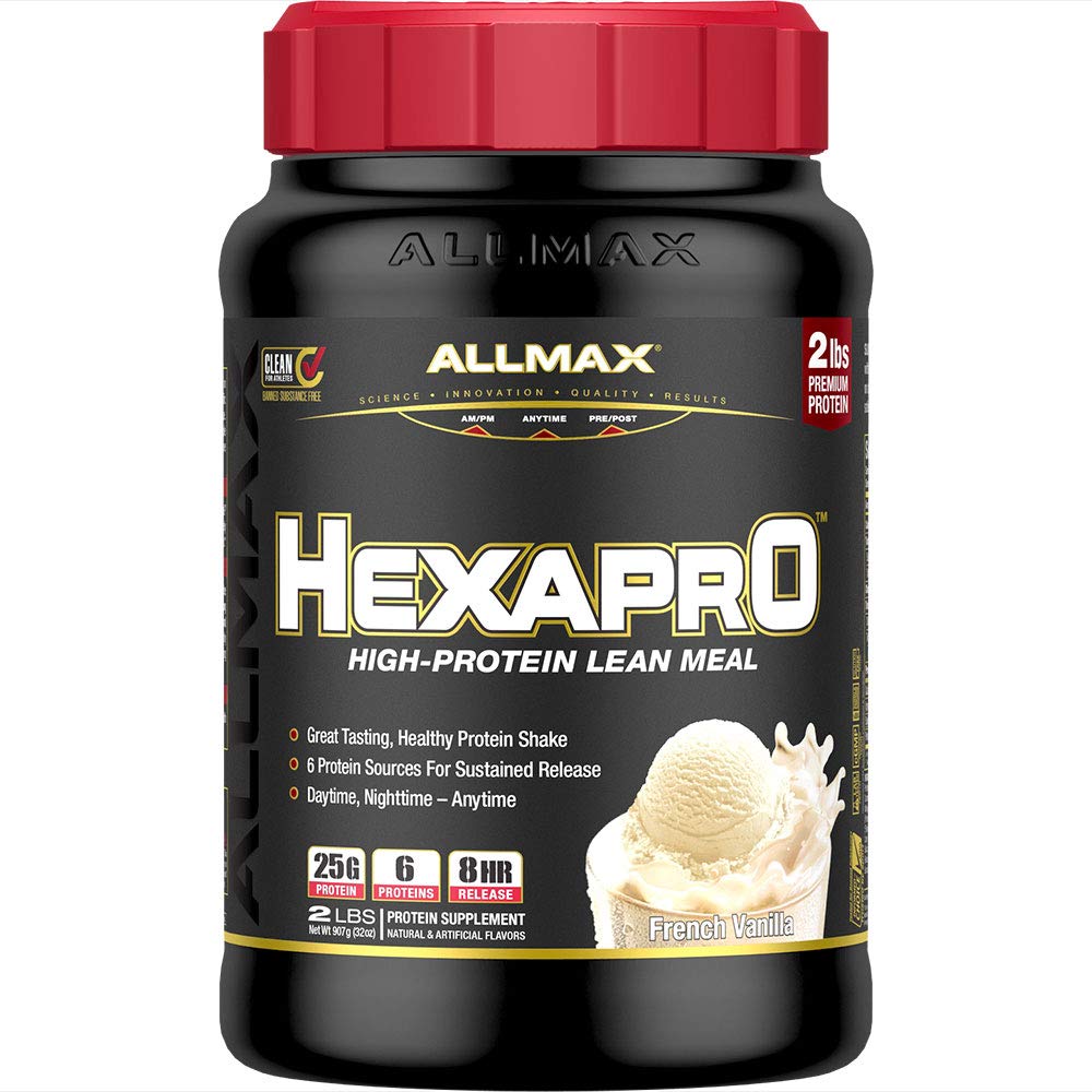 ALLMAX HEXAPRO, Vanille française - 2 lb - 25 grammes de protéines par portion - Libération prolongée de 8 heures - Zéro sucre - 21 portions