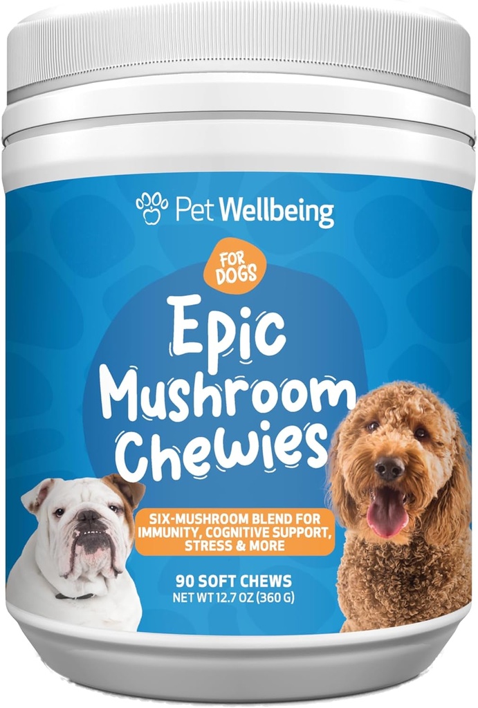 Animaux de compagnie Bien-être Epic Mushroom Chewies for Dogs - Soutien immunitaire, santé cognitive, support de stress adaptogène avec Reishi, Chaga, Lion's Mane Functional Mushrooms - Vétérinaire-formulé 90 Chews doux