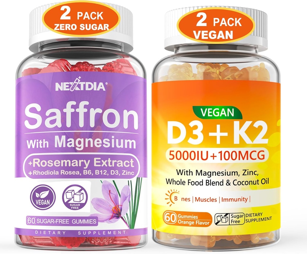 2Pack Suppléments de safran Gummies + 2Pack Vitamine végétalienne D3 5000IU K2 Gummies, Mélange d'aliments entiers, Huile de coco, Magnésium
