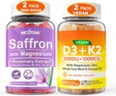 2Pack Suppléments de safran Gummies + 2Pack Vitamine végétalienne D3 5000IU K2 Gummies, Mélange d'aliments entiers, Huile de coco, Magnésium