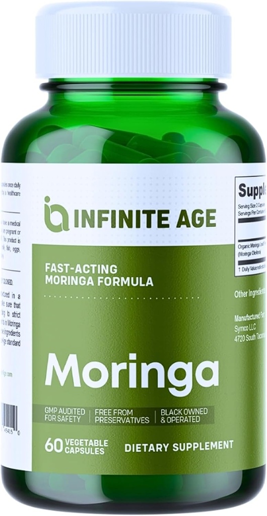 Infinite AGE 1000mg Bio Moringa Leaf Poudre Capsules, 60 Compte - Fabriqué aux États-Unis, Vegan, Sans gluten, All-Natural - Antioxydants, Supplément de soutien du foie et du rein