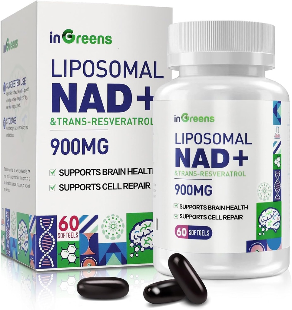 900 mg DNA liposomique + Supplément avec Trans Resveratrol 300 mg, Remplace NMN, Absorption Supérieure, True NAD Plus Supplément pour la réparation de l'ADN et Boost NAD+, Vieillissement Défense, Énergie, Longévité, 60 Softgels