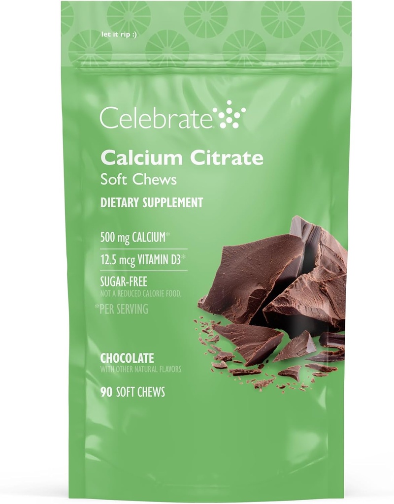 Célébrez les vitamines bariatriques 500mg Citrate de calcium Chews doux avec 500 UI de vitamine D3 – essentiel pour les patients de passage gastrique et santé des os - sans sucre et sans gluten, chocolat (90 Chews)