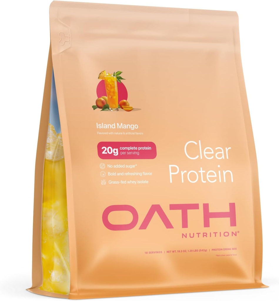 Oath Nutrition Poudre de protéines de lactosérum, Mango d'île, 20g Protéines complètes par portion, Pas de sucre ajouté, gazon, 18 portions