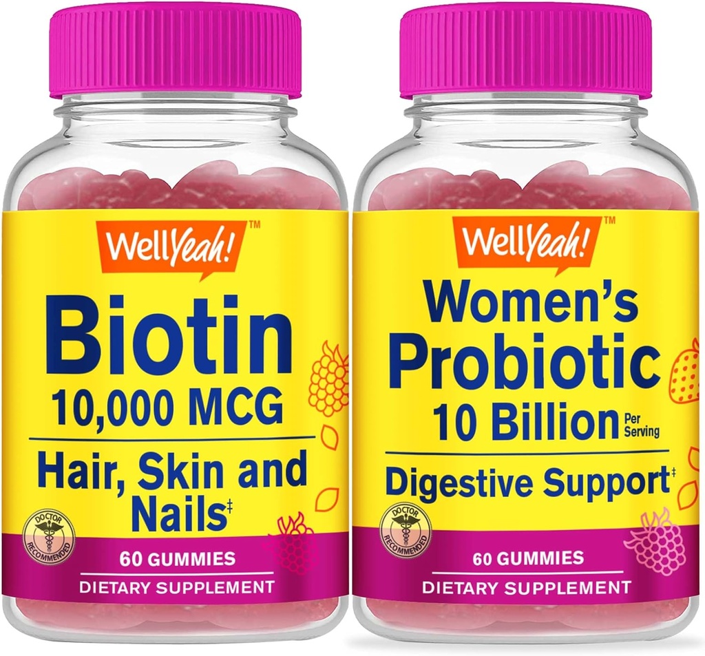 Eh bien oui haute puissance biotine + probiotiques femmes 10B CFU, Gummies Bundle - Grande dégustation, supplément de vitamine, sans gluten, sans OGM, gummy à croquer