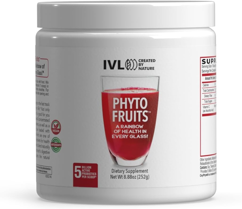 IVL - Poudre Superfood de Fruits Phyto - Énergie de soutien - Digestion et probiotique - Antioxydant - Vegan - 40 Fruits et Nutriments Plus 6 Fraises Probiotiques (30 portions, 8,88 oz)
