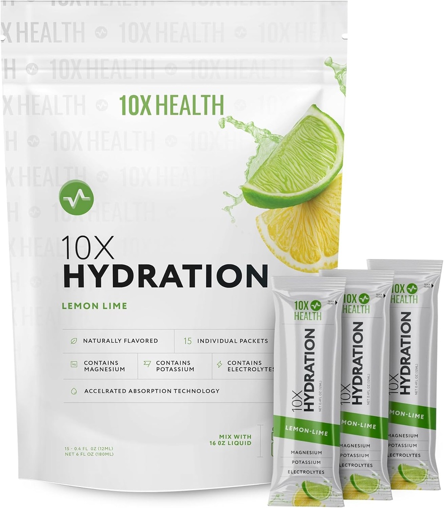 10X Hydratation Santé Packets Citron Lime Electrolyte Drink Mix Liquide 15 Stickpacks avec Citrate de magnésium, Sodium et Potassium - Electrolyte naturel aromatisé