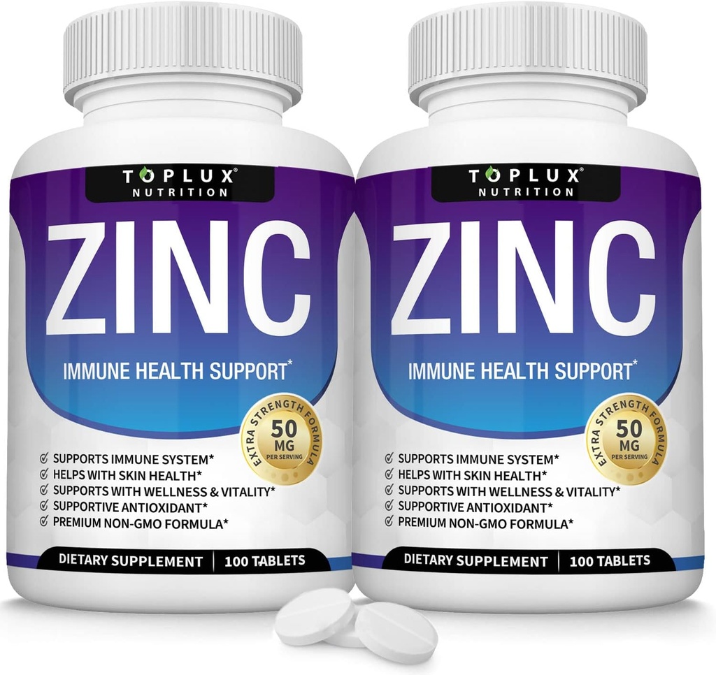 Supplément de zinc 50mg pour le soutien immunitaire – Oxyde de zinc naturel pur pour booster le système immunitaire, la peau et le soutien antioxydant, booster d'immunité haute puissance, pour les hommes femmes, 100 comprimés