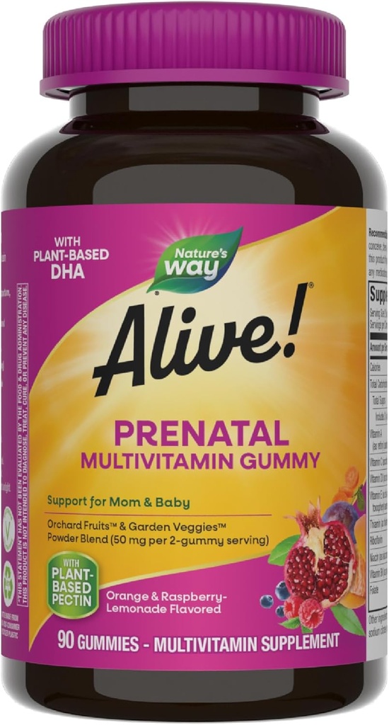 La nature est vivante ! Multivitamines prénatales, DHA à base végétale pour le développement sain du cerveau et des yeux de bébé*, lemonade végétarienne, orange et framboise, aromatisée, 90 gommies (paquetage May Vary)