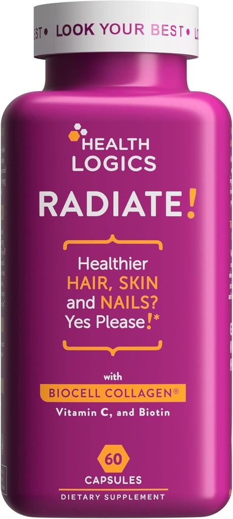 Les logiques de la santé rayonnent : peau des cheveux et ongles avec biotine, collagène BioCell, vitamine C, acide hyaluronique.