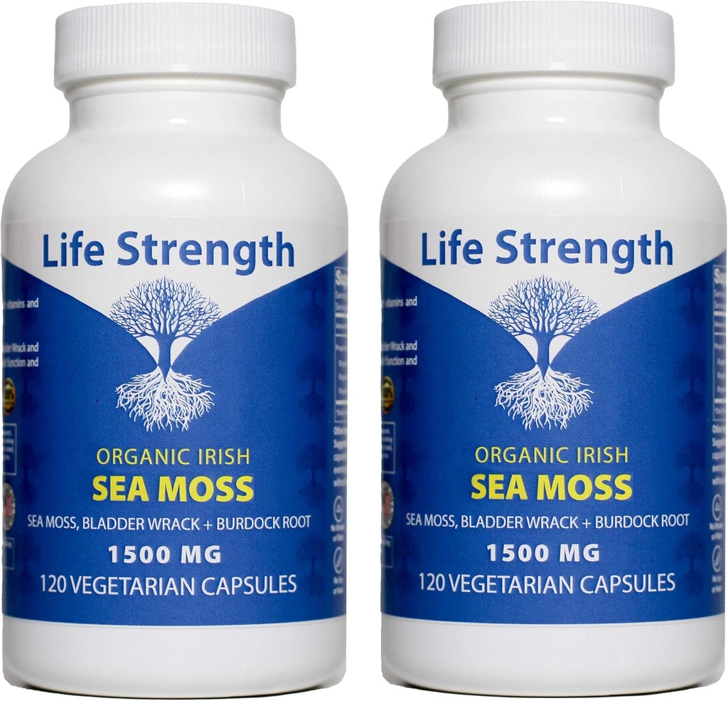 Sea Moss Capsules (Pack of 2) - Wildcrafted Irish Sea Moss, Bladderwrack & Burdock Root Superfood Blend - Système immunitaire, joint, Gut Health & Thyroïde Support - 240 capsules végétariennes