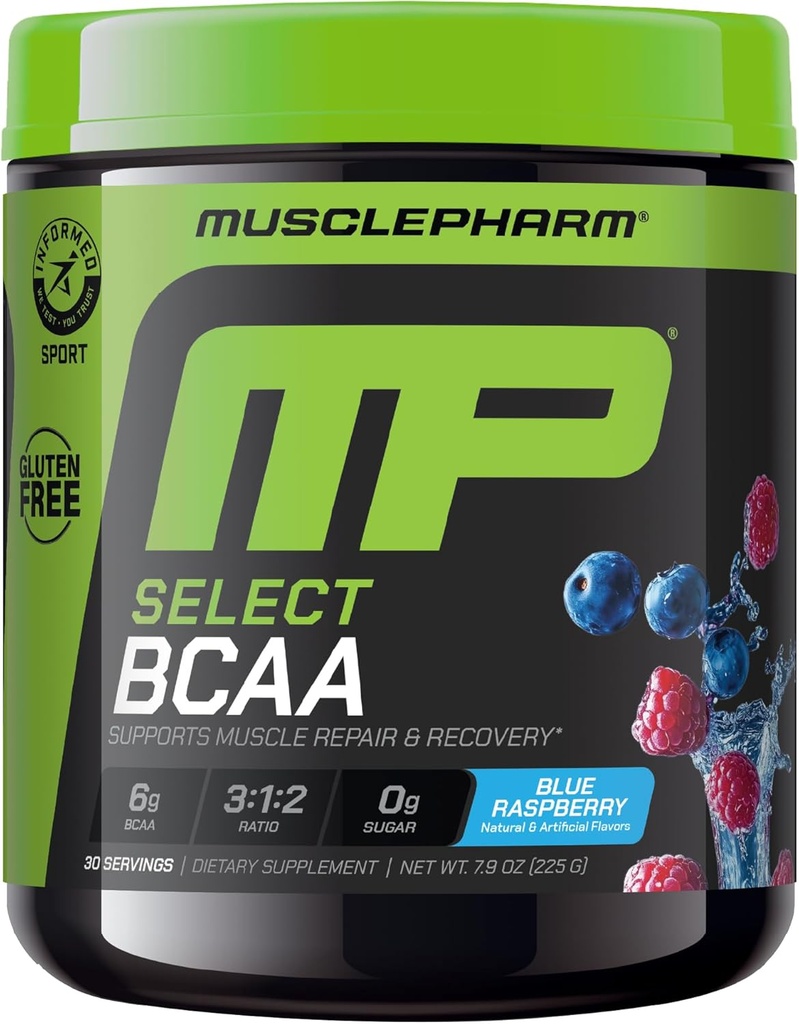 MusclePharm Essentials BCAA Powder, Pre & Post Workout Recovery Drink, soutient la récupération des muscles et la production d'énergie, supplément d'acides aminés essentiels, 30 portions, Blue Raspberry Flavor