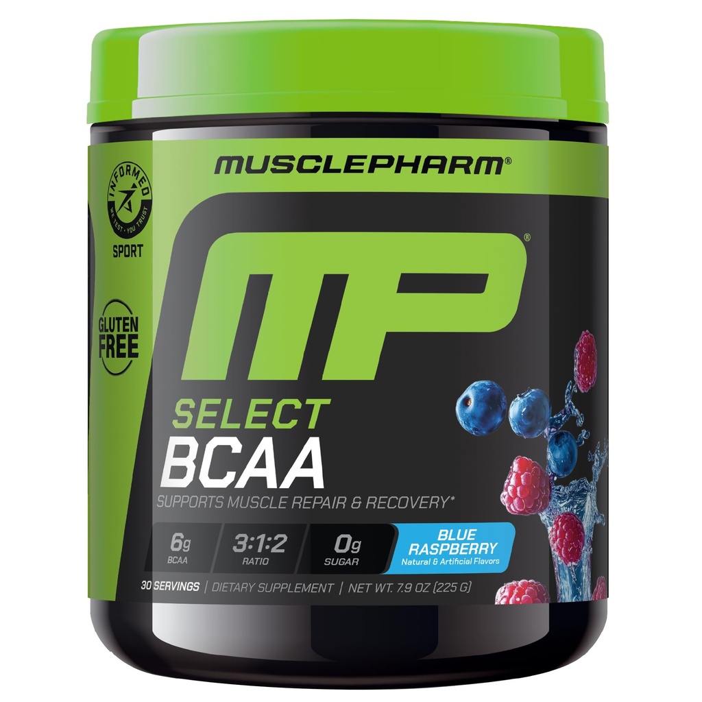 MusclePharm Essentials BCAA Powder, Pre & Post Workout Recovery Drink, soutient la récupération des muscles et la production d'énergie, supplément d'acides aminés essentiels, 30 portions, Blue Raspberry Flavor