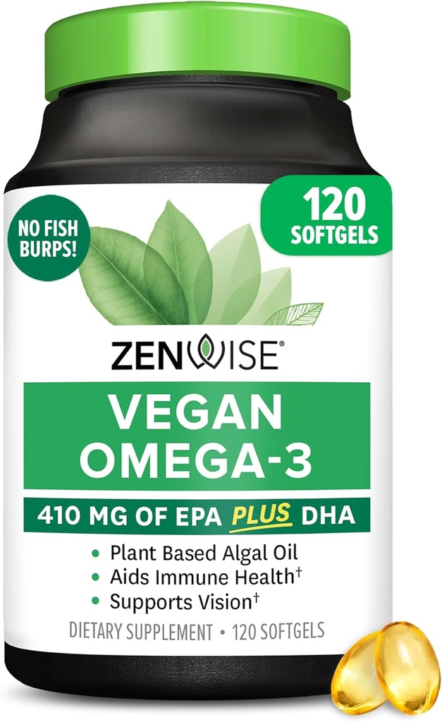 Zenwise Santé Vegan Omega 3 Supplément - Omega 3 sans Burpless avec DHA, EPA et DPA Acides gras pour la santé immunitaire - Huile de poisson Alternative de l'huile d'algue marine d'origine durable - 120 Softgels