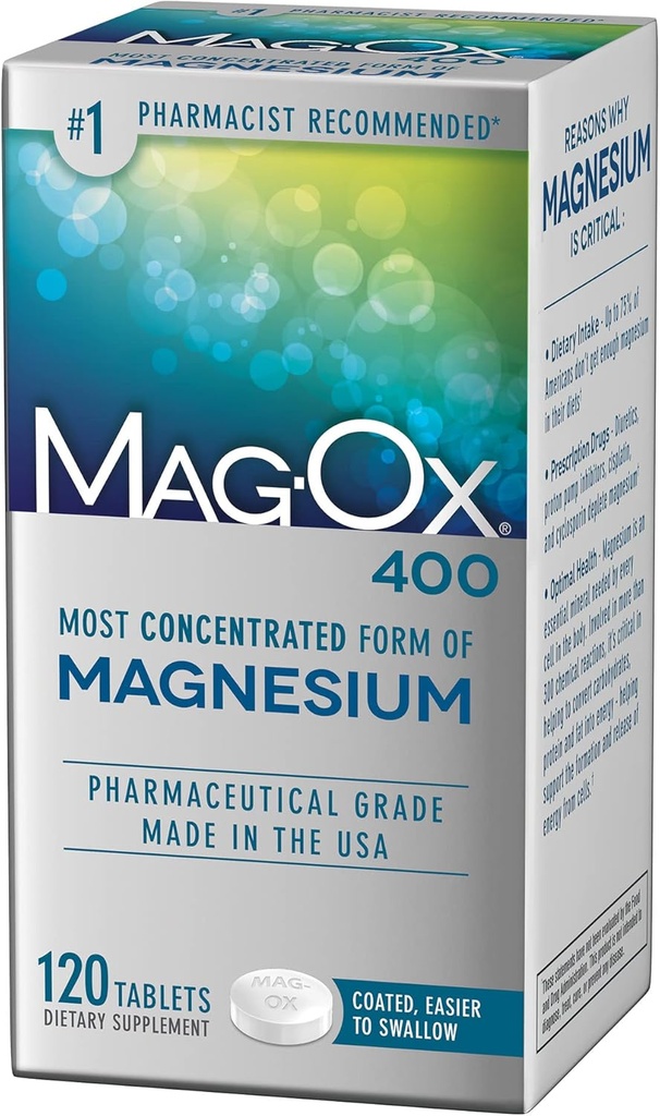 Supplément de magnésium Mag-Ox, oxyde de magnésium de qualité pharmaceutique 483mg, forme la plus concentrée de magnésium, 120 comprimés