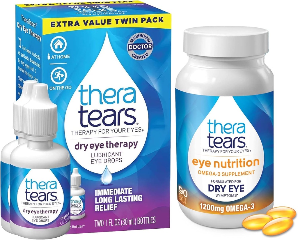 TheraTears 1200mg Omega 3 supplément pour la nutrition des yeux, et VIT E, 90 Compte gouttes oculaires pour les yeux secs, Twin Pack, 30mL 1 Fl oz Chacun (emballage mai Vary)
