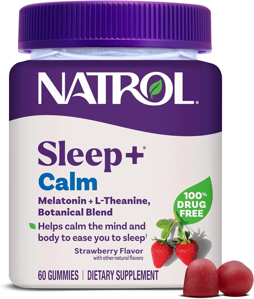 Natrol Sleep+ Calme Mélatonine Gummies pour adultes, Gummies de sommeil, Flaveur de fraises, 60 Gummies, 30 jours d'approvisionnement