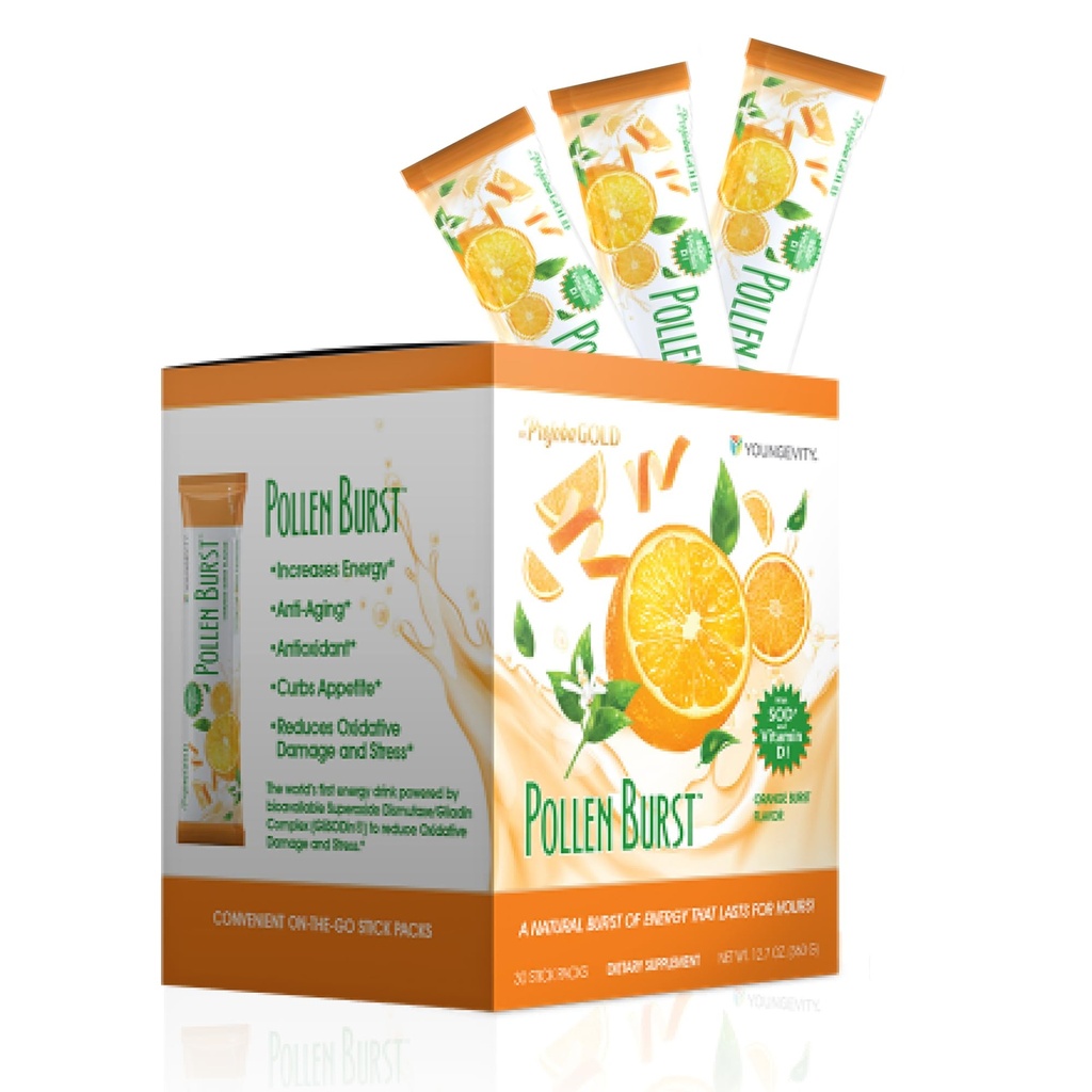 Youngevity ProJoba Pollen BurstTM - Supplément énergie naturelle propre avec thé vert, extrait de pollen, GliSODin® - Augmenter la concentration, stimuler le cerveau, endurance, clarté mentale (30 bâtons)
