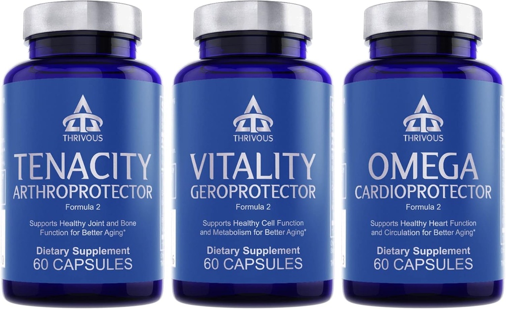 Stack Géroprotécteur Thrivous – Vitalité + Tenacity + Omega Longevity Bundle pour le soutien métabolique, articulaire et cardiaque – 180 Capsules Vegan