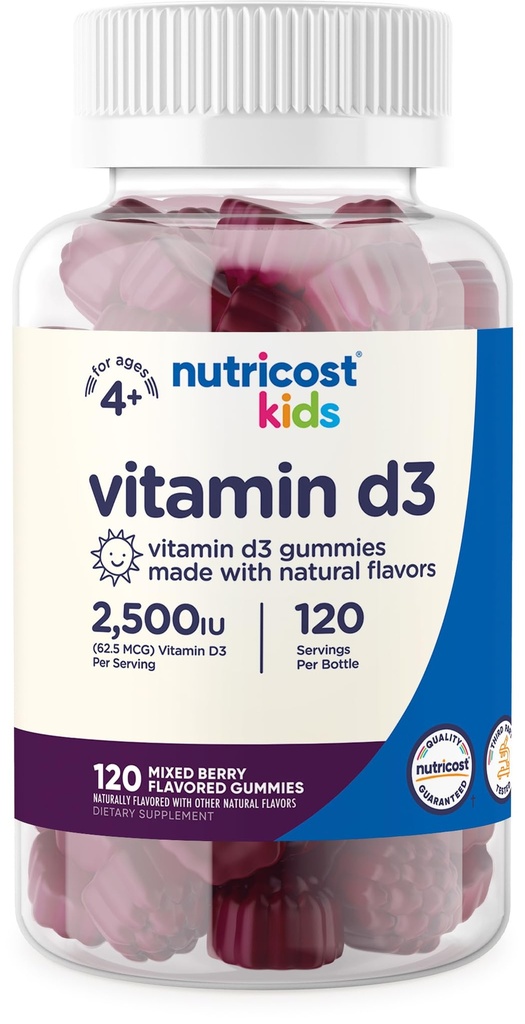 Nutricost Kids Vitamine D3 Gommies 2 500 UI (62,5 mcg), 120 Gommies - Mélange d'arômes de baies