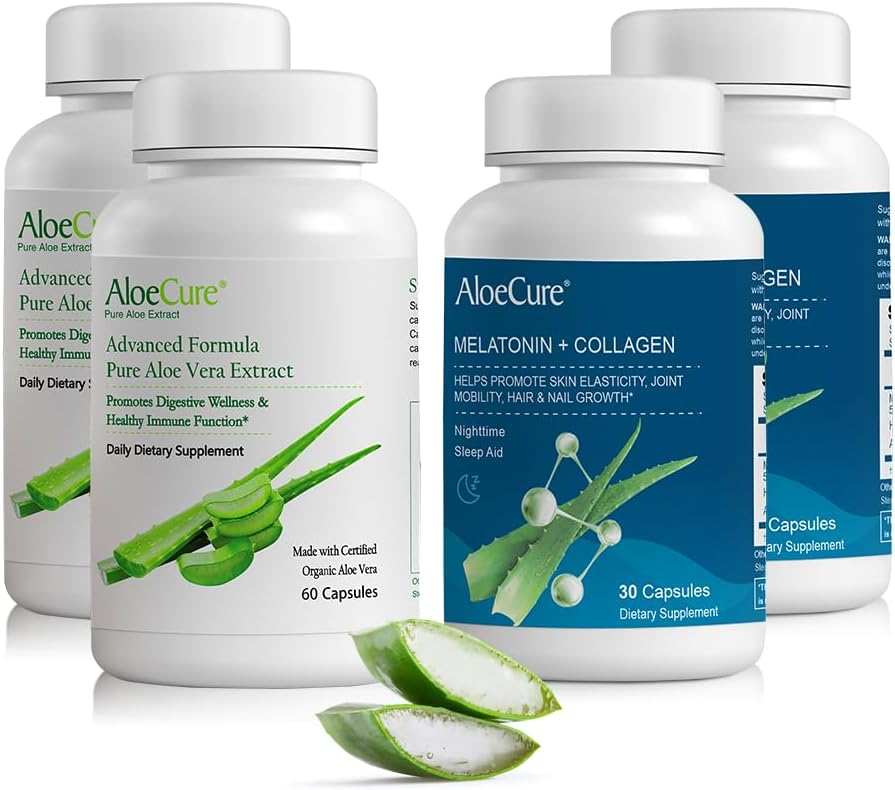 AloeCure Organic Aloe Vera Capsules Pack - 4 Pièces - 2 x Melatonine + Collagène, 2 x Aloe Vera Capsules