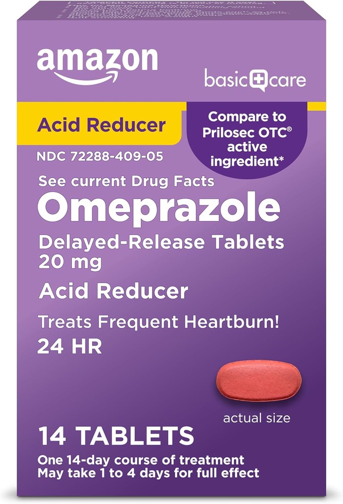 Amazon Basic Care Omeprazole Delayed Release Tablets 20 mg, Acid Reducer, 14 Count (Packaging may vary)