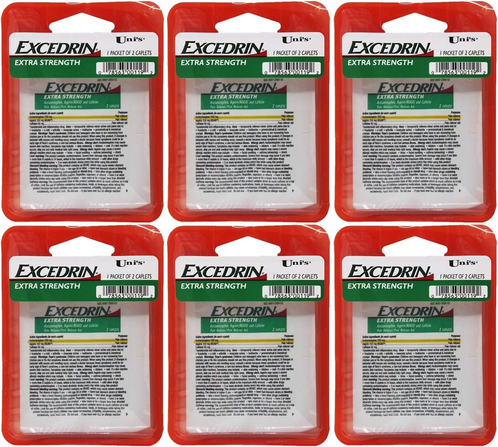 Uni Excedrin Extra Strength 6 Comptez un simple soulagement de dose 2 caplets dans chaque paquet. Aide à soulager les maux de tête, les dents, les maux de dos, les crampes menstruelles, le rhume et les douleurs musculaires.