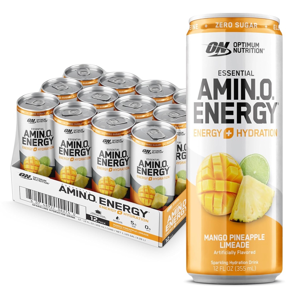 Optimum Nutrition Amino énergie Sparkling boisson d'hydratation, électrolytes, caféine, acides aminés, BCAAs, sans sucre, mangue ananas Limeade, 12 Fl Oz, 12 pack (emballage mai Vary)