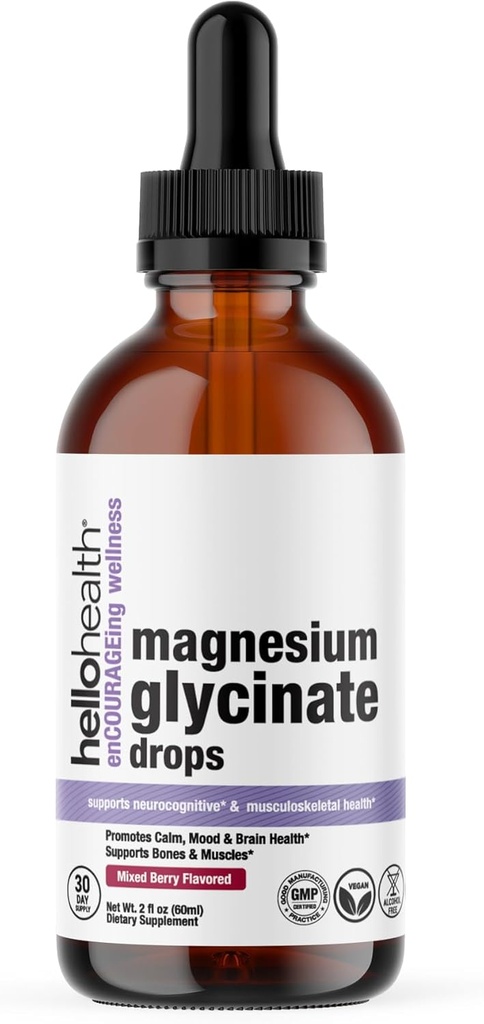 Supplément liquide glycinate de magnésium femmes, hommes et enfants – Bisglycinate de magnésium 100 mg pour calme naturel, récupération musculaire – Vitamines liquides (30 jours) – Saveur de baies