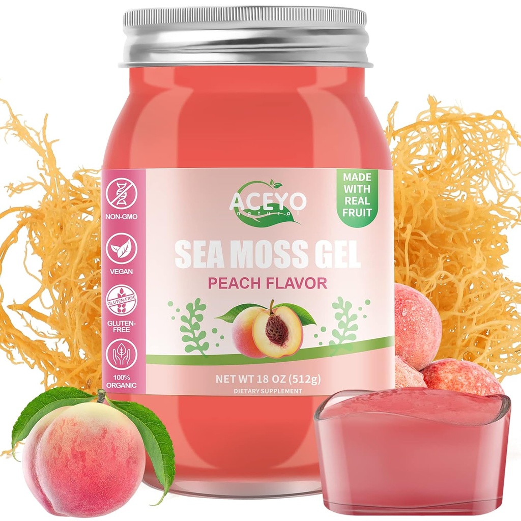 ACEYO (18 OZ) Irish Sea Moss Gel Bio cru Vegan Peach Flavor 102 Vitamines et minéraux Wild Harvested Non-GMO Immune Defense Booster Thyroïde Soutien digestif