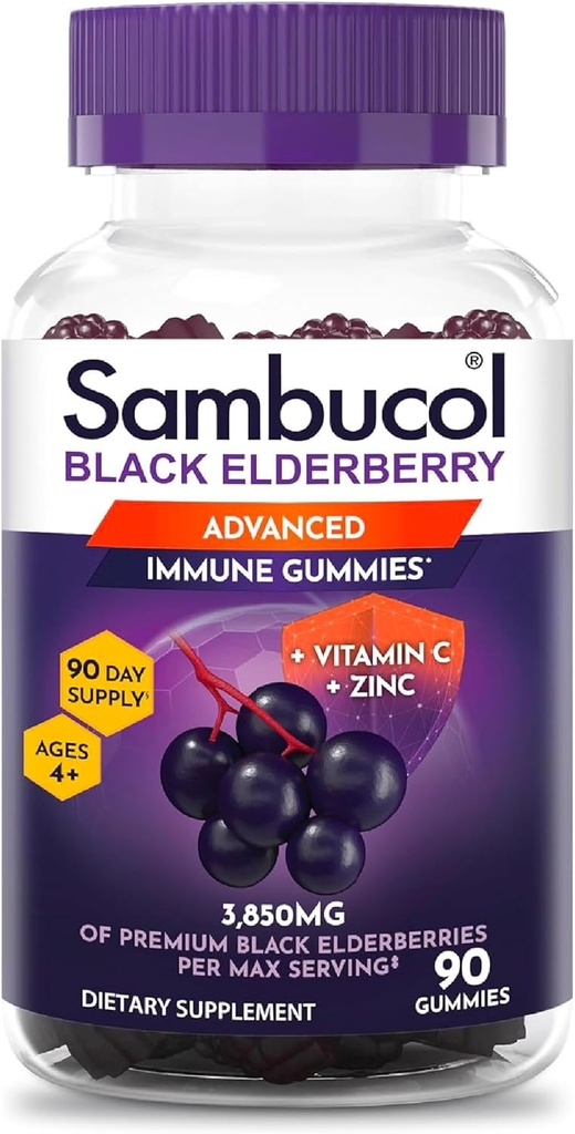 Sambucol Gummies pour les adultes avec la vitamine C; Zinc; Sambucus Gummies pour les baies âgées pour le soutien immunitaire avec des antioxydants élevés; Sans gluten; Vegan; 1 Gummy par portion; 90 Compte (90 jours)