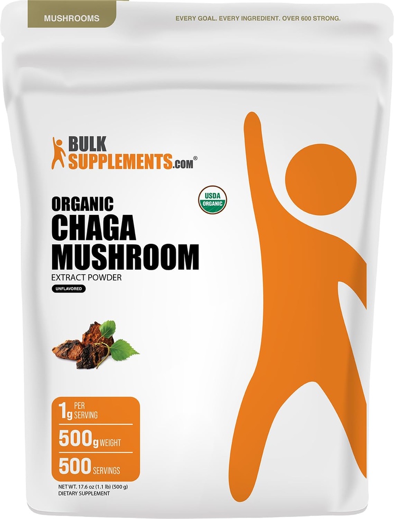 BulkSupplements.com Poudre d'extrait de champignons de Chaga biologique - Poudre de Chaga biologique, Supplément de champignons - Sans gluten, 1g par portion, 500g (1,1 lb) (paquet de 1)