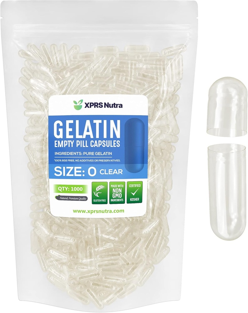 XPRS Nutra Taille 0 Effacer Capsules de gélatine vide 1000 Compte - Kosher et Halal - Pure Capsule de gélatine - Garniture de poudre de bricolage - Pilules de gel rechargeables pour suppléments de bricolage