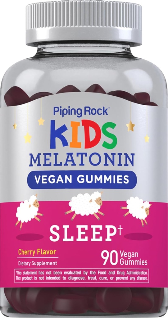 Piping Rock Kids Melatonin Gummies de 1mg de Count de 90 Supplément pour les enfants de Cherry Flavor, végétalien, non-OGM, sans gluten