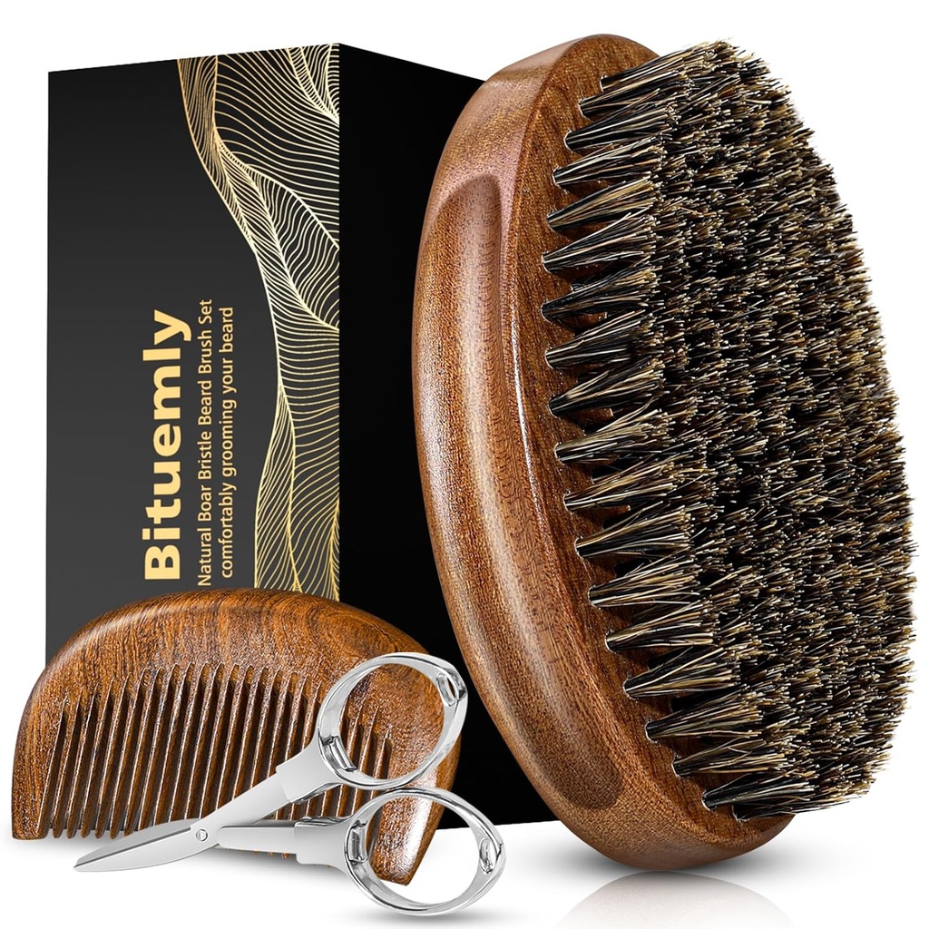 Brosse à barbe, Brosse à barbe naturelle pour hommes et ensemble de peigne de poche en bois de sandale, kit de coiffure faciale avec ciseaux de moustache comme outil de stylage, croissance, démêles, brillance