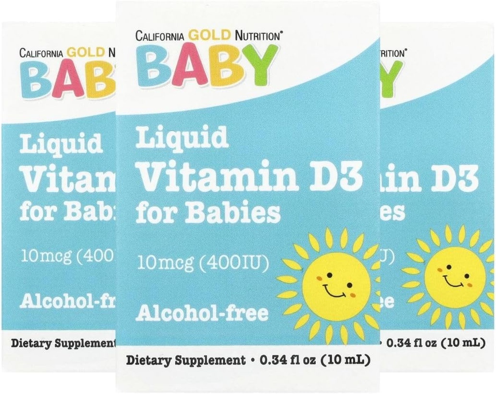 California Gold Nutrition Baby Vitamine D3 - Liquid D3 Supplément pour bébés, Végétarien - Support Développemental - Sans alcool et sans gluten, Non-OGM - 10 mcg (400 UI) - 0,34 fl oz (10 ml), 3