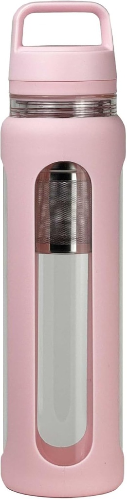 20oz Glass Water Bottle with Silicone Sleeve, 600ml Mug with 2 Tier Lid (Wide Mouth and Small Mouth Straight Drinking) with Tea Leak Bottle - Gym Yoga Outdoor Activities (Pink)